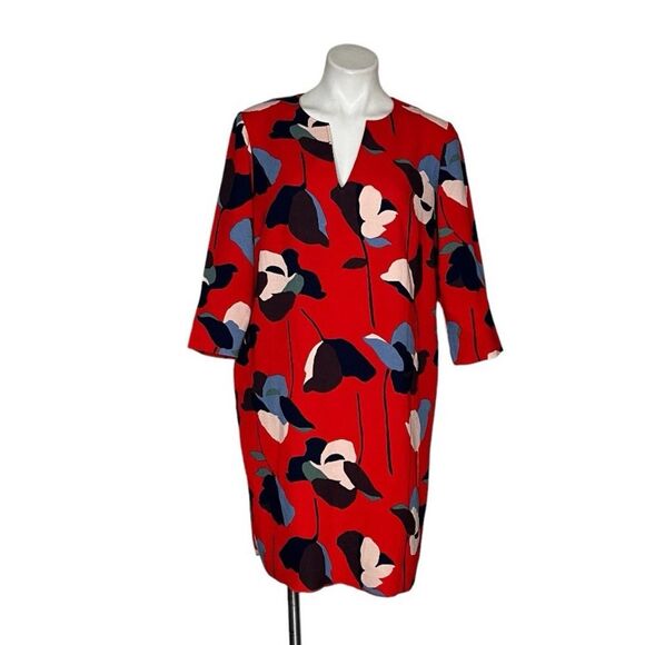 BODEN Red Floral Dress Easy Notch Shift Pockets Size 10 R - Picture 1 of 11